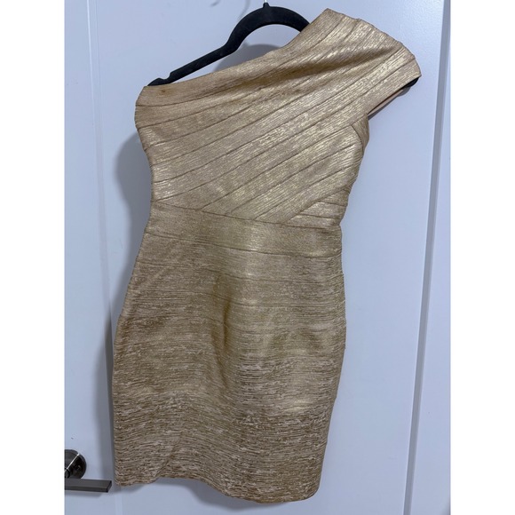 Herve Leger Jospehine Gold Metallic Bandage Dress One Shoulder Party Cocktail L - Picture 2 of 16